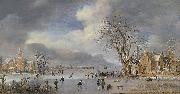 Aert van der Neer A winter landscape with skaters and kolf players on a frozen river Spain oil painting artist